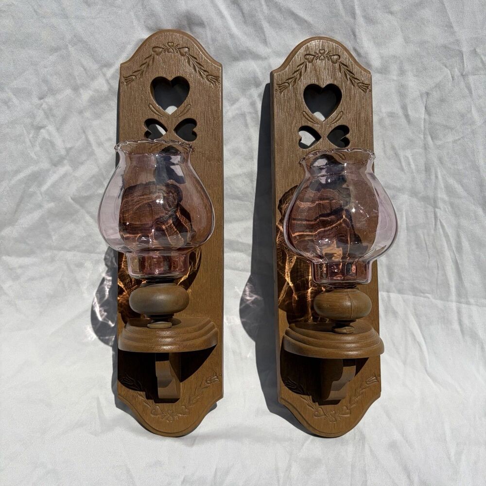 Vtg Set of 2 Burwood Faux Wood Wall Mount Candle Holders/Sconces W/ ❤️ Cut Outs.